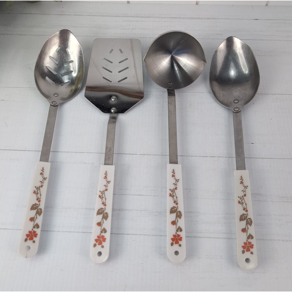 Vintage Ace Floral Stainless Utensil Set White Orange Brown Retro MCM Kitchen